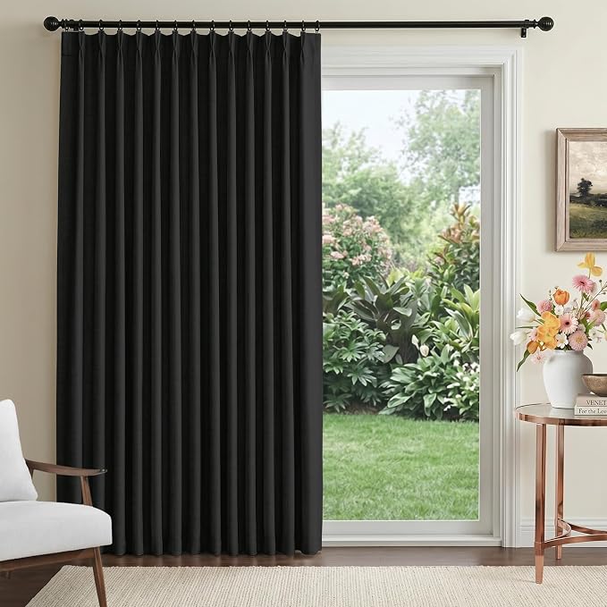 Pinch Pleated Full Blackout Faux Linen Curtains 96 Inches Long | Black by 100BlackoutShield