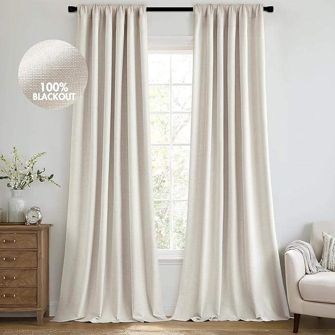 MIULEE 100% Blackout Back Tab Pleat Linen Curtains 50" Wx94 L, Birch | 2 Panels by MIULEE