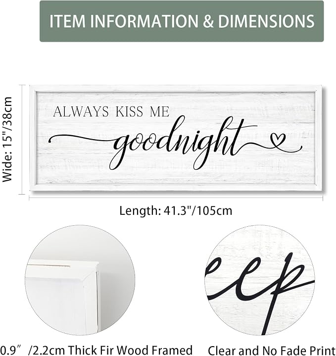 Always Kiss Me Goodnight Wall Sign Above Bed 41.3''×15'' Large Farmhouse Wall - Image 2