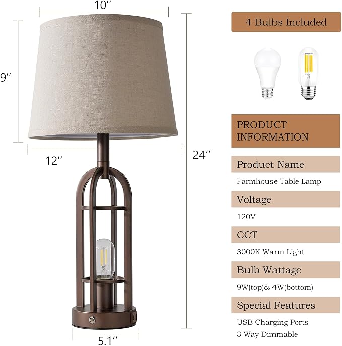 SRJJA 24" Table Lamps for Living Room Set of 2, Rustic Farmhouse 3-Way Dimmable - Image 7