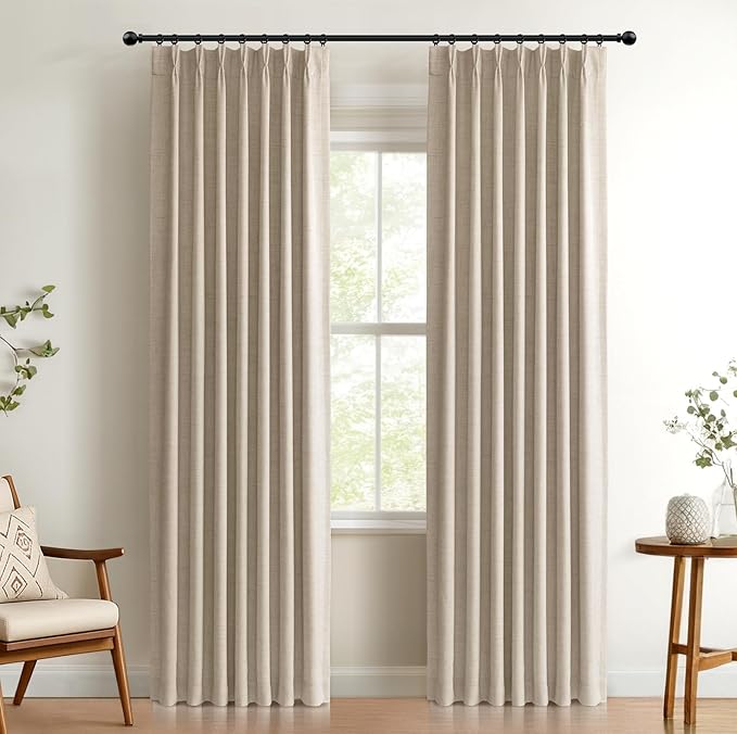 Pinch Pleated Full Blackout Faux Linen Curtains 108 Inches Long | Oatmeal by 100BlackoutShield