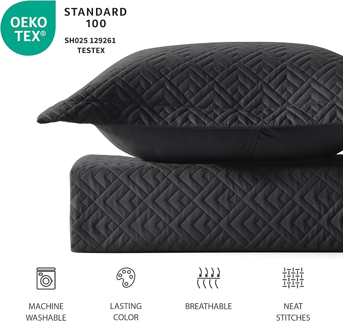 EXQ Home Quilt Set Queen Size Summer Squares Pattern Black Bedspread | Bedding - Image 4