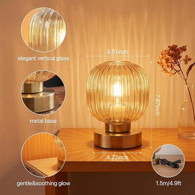 Elenhome Amber Touch Glass Table Lamp, 3-Way Dimmable Bedside Lamp, Vintage - Image 6