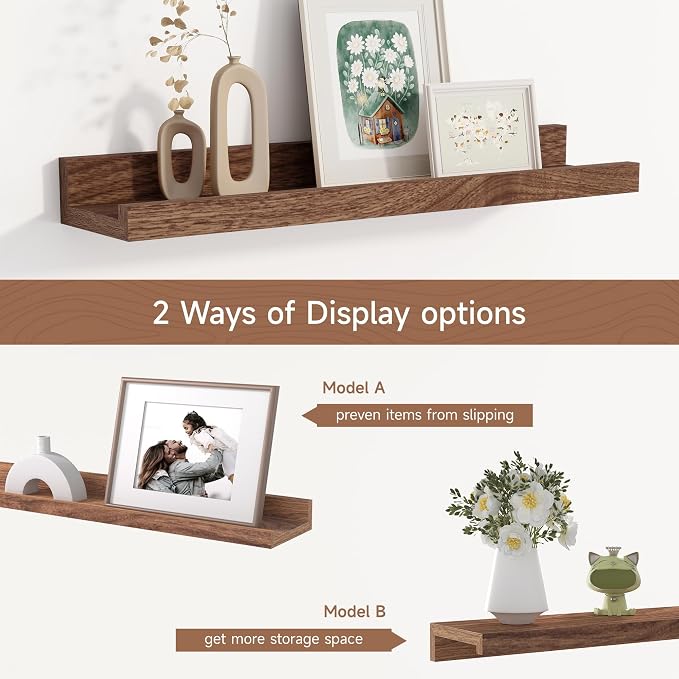 Floating Picture Ledge Shelves Set of 2, 16 Inch Solid Wood Wall Shelves - Image 6