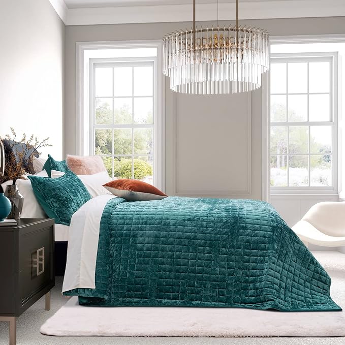RECYCO Channel Box Stitch Velvet Quilt Set, Full Queen Size, Teal | Ultra Soft - Image 2
