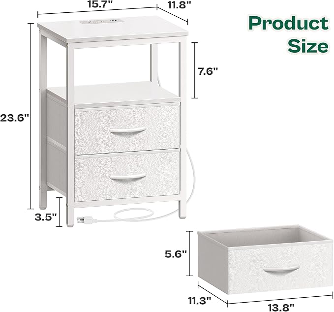 Huuger Night Stand with Charger Station and LED Lights, 2 Drawer Nightstand | - Image 3