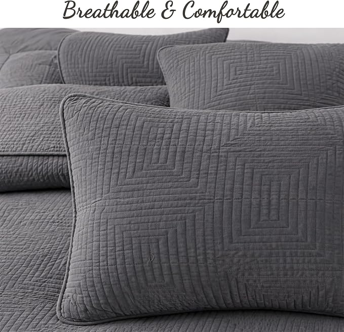 Cozy Line Home Fashions 100% Cotton Quilt Set – 3-Piece Charcoal Gray Geometric - Image 4