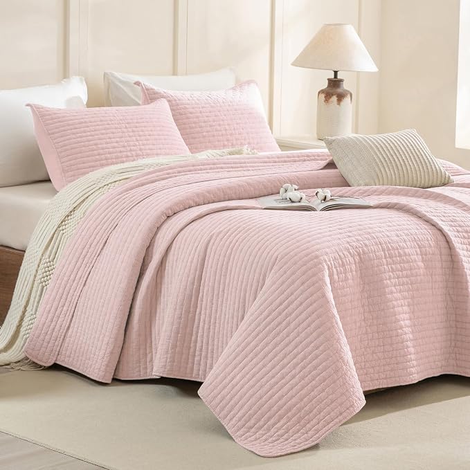 CozyTide Stone-Washed Cotton Queen Quilt, Blush Pink Stitching Pattern by CozyTideComforterSet