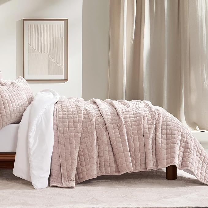 RECYCO Channel Box Stitch Velvet Quilt Set, Twin/Twin XL Size, Rose Pink | by RECYCOHOMECOLLECTION