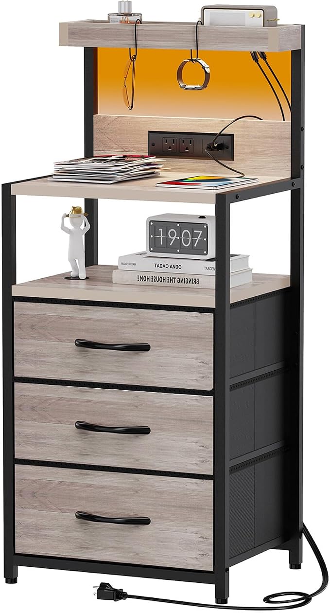SZLHANJZ LED Night Stand with Charger Station, 3 Fabric Drawers, Greige | by SZLHANJZ