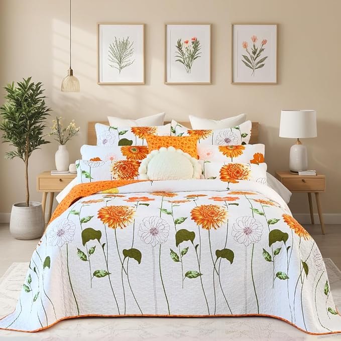 EVENHUG 100% Cotton Quilt Queen Size Orange Sunflower Bedding Set Floral - Image 4