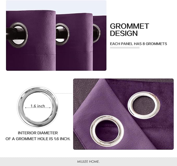 MIULEE Velvet Curtains Purple 52 x 90 Inch Length Set of 2 | Grommet Drapes - Image 2