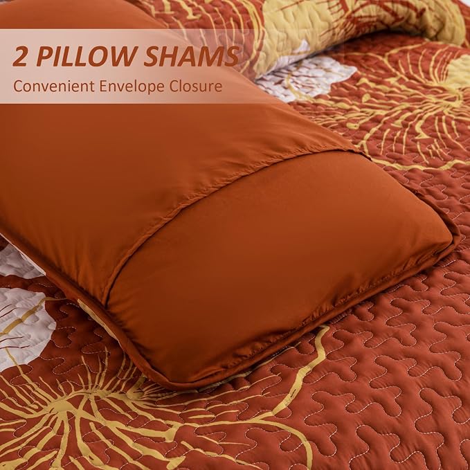 DJY Fall Terracotta Quilt Set Queen Gold Floral Pattern Quilt Coverlet Set Boho - Image 7