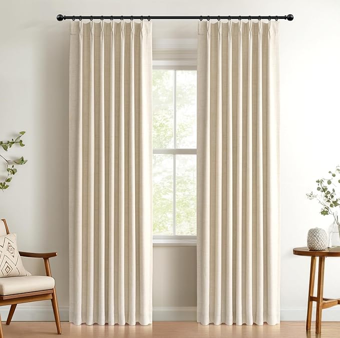 Pinch Pleated Full Blackout Faux Linen Curtains 120 Inches Long | Cream by 100BlackoutShield