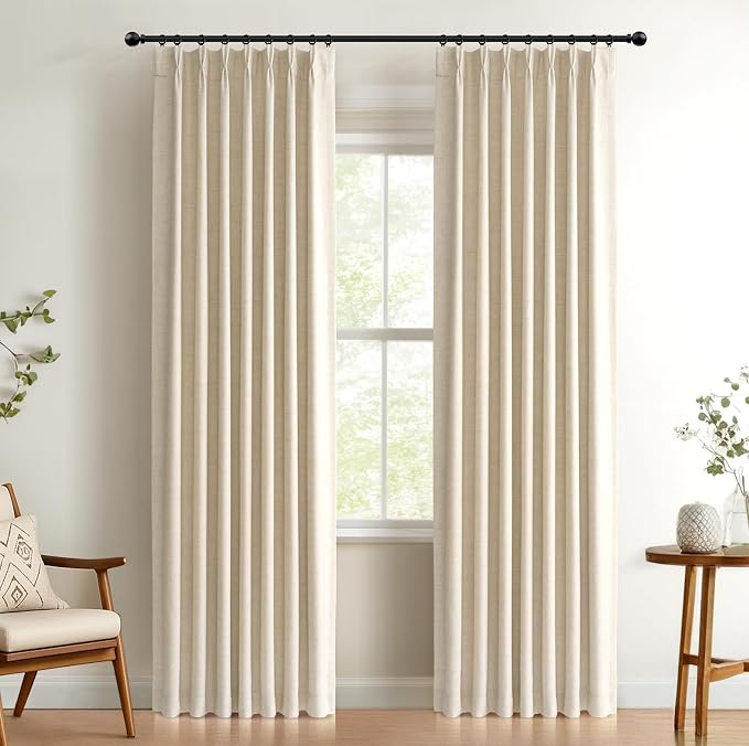 Pinch Pleated Full Blackout Faux Linen Curtains 96 inch 2 Panel Set | Cream by 100BlackoutShield