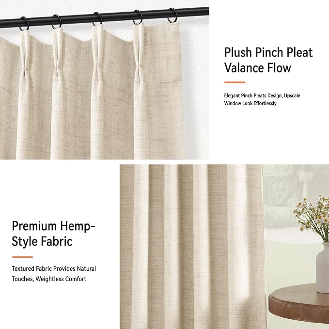 Pinch Pleated Full Blackout Faux Linen Curtains 120 Inches Long | Cream - Image 8