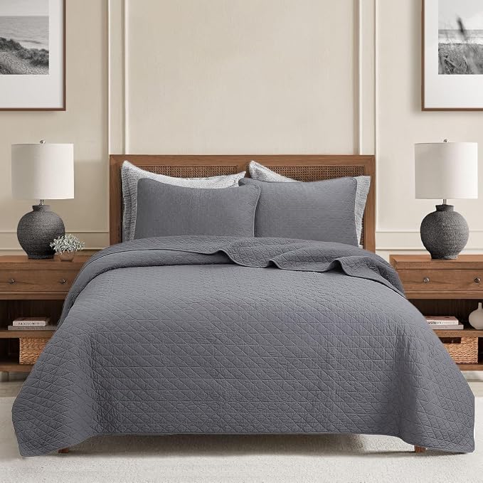 Cozy Line Home Fashions 100% Cotton Quilt Set – 3-Piece Charcoal Gray Solid by CozyLineHomeFashions