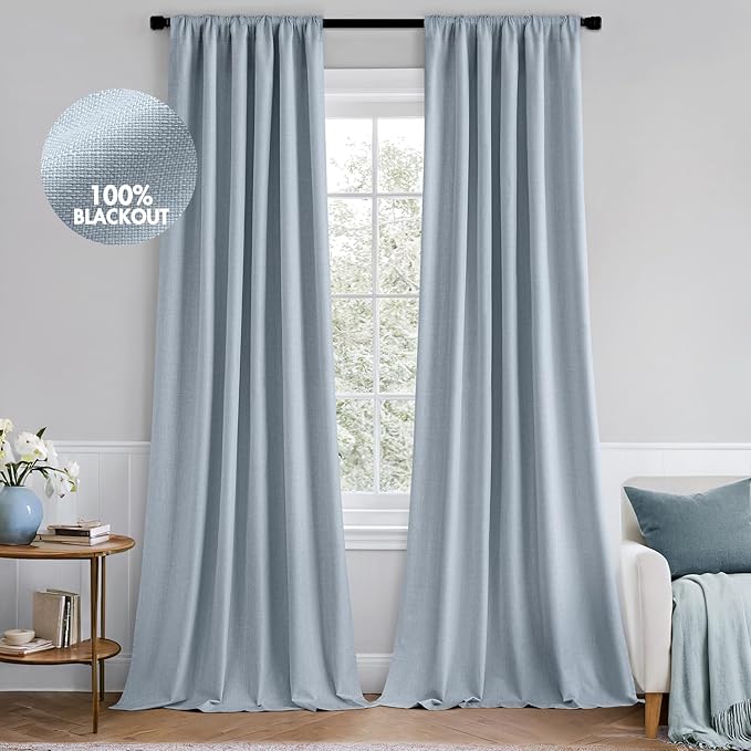 MIULEE 100% Blackout Back Tab Pleat Linen Curtains 50"Wx102"L, Chambray Blue | by MIULEE