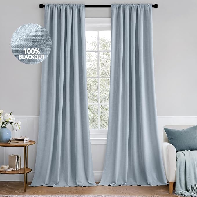 MIULEE 100% Blackout Back Tab Pleat Linen Curtains 50" Wx96 L, Chambray Blue | by MIULEE