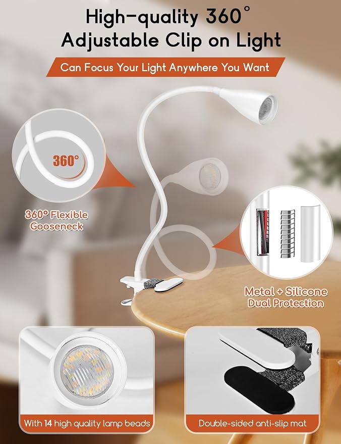 2 PCS Reading Light for Book in Bed, Clip on Light Reading Lamp - Image 8