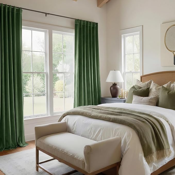Extra Long Green Velvet Curtains 102 Inches Soft Drapes Floor to Ceiling | Room - Image 7