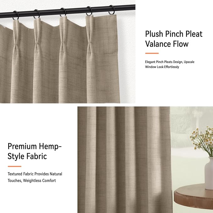 Pinch Pleated Full Blackout Faux Linen Curtains 102 Inches Long | Grey Beige - Image 8
