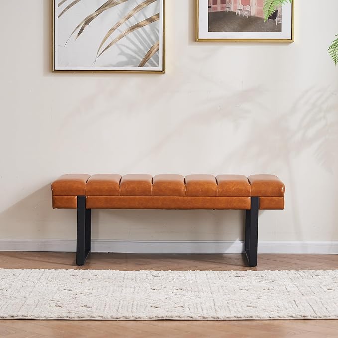 46" Faux Leather Bench for Bedroom End of Bed Window, Camel Brown | Tufted - Image 5