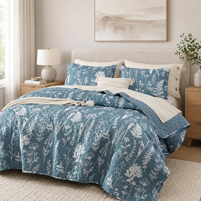 JANZAA Quilt King Size, Mineral Blue Bedspread Floral Bedding Set 3 Pieces | by JANZAA