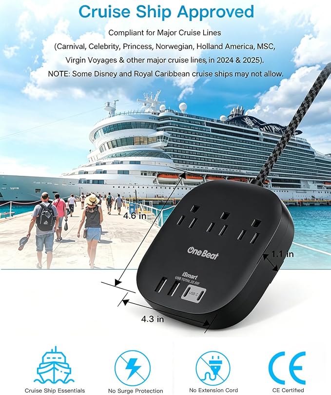 Cruise Ship Travel Essentials, 3Ft Short Extention Cord, 22.5W/4.5A, Dorm Room - Image 6