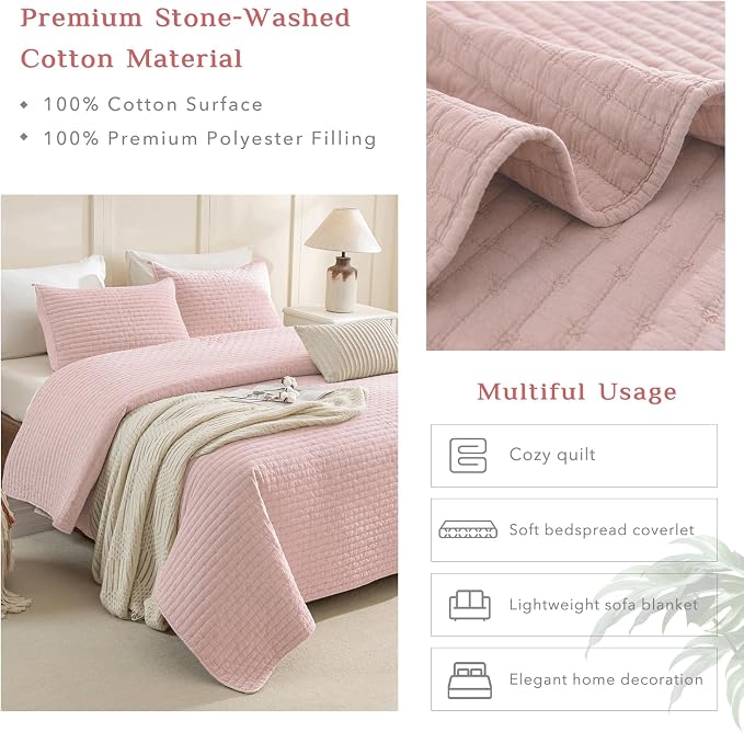 CozyTide Stone-Washed Cotton Queen Quilt, Blush Pink Stitching Pattern - Image 4
