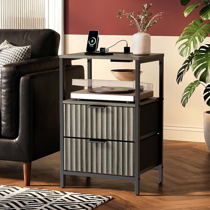 VINGLI Night Stand Set 2 with Charging Station and Fabric Drawers, Fluted Grey - Image 3