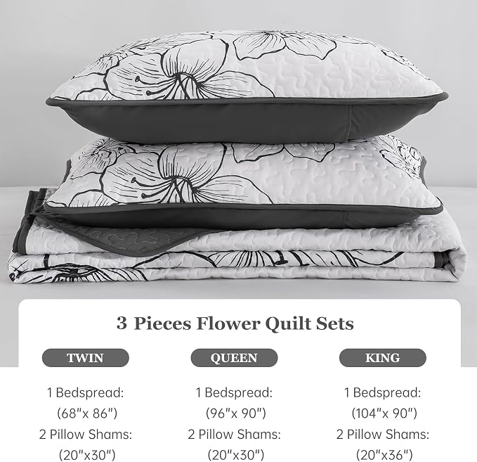DJY White Quilt Set King 3 Pieces Floral Bedding Quilt Set Soft Botanical - Image 7