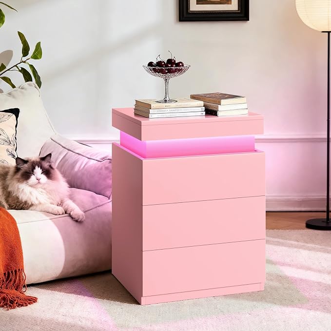 ADORNEVE Pink Nightstand with Charging Station and LED Lights | Night Stand - Image 9