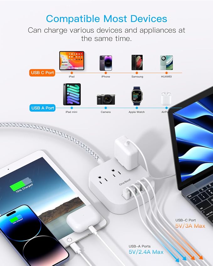 One Beat Power Strip with USB C, 3 Outlets 4 USB Ports, 10ft Braided Extension - Image 6