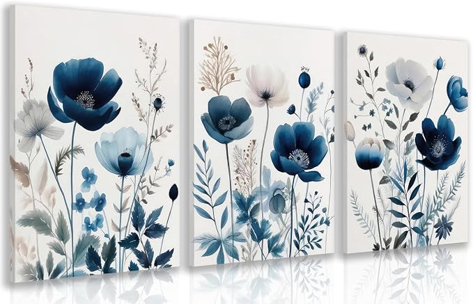 LLEEMPI Framed Navy Blue Floral Wall Art Set of 3, 12x16 Inch Canvas Prints | by Unknown