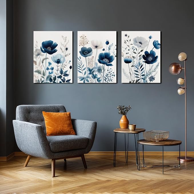 LLEEMPI Framed Navy Blue Floral Wall Art Set of 3, 12x16 Inch Canvas Prints | - Image 2