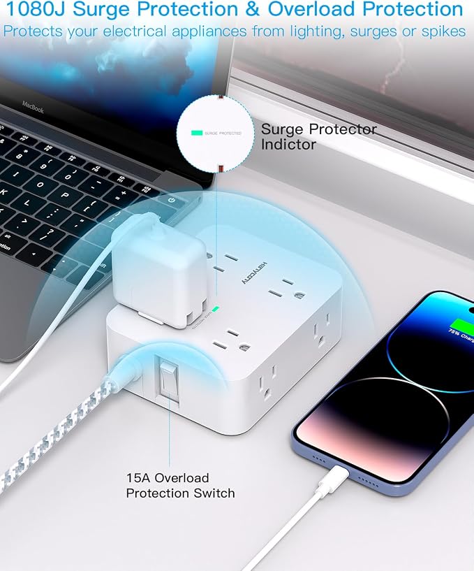 HANYCONY Surge Protector Power Strip, 5 Ft Braided Extension Cord | 8 Outlets 4 - Image 3