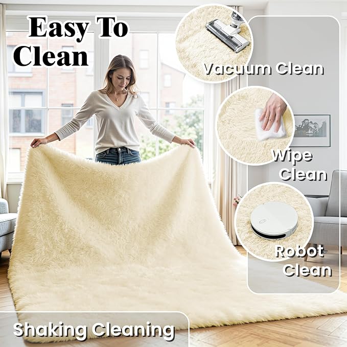 8x10 Fluffy Area Rug for Living Room: Non-Slip Cream White Bedroom Carpet | - Image 6