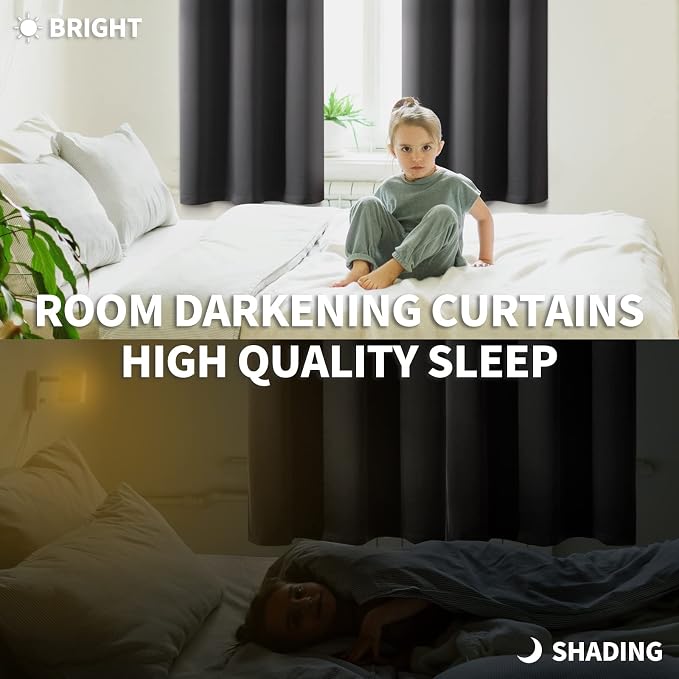 BGment Pocket Bedroom Curtains 63 Inch Long Dark Grey, Room Darkening Thermal - Image 2