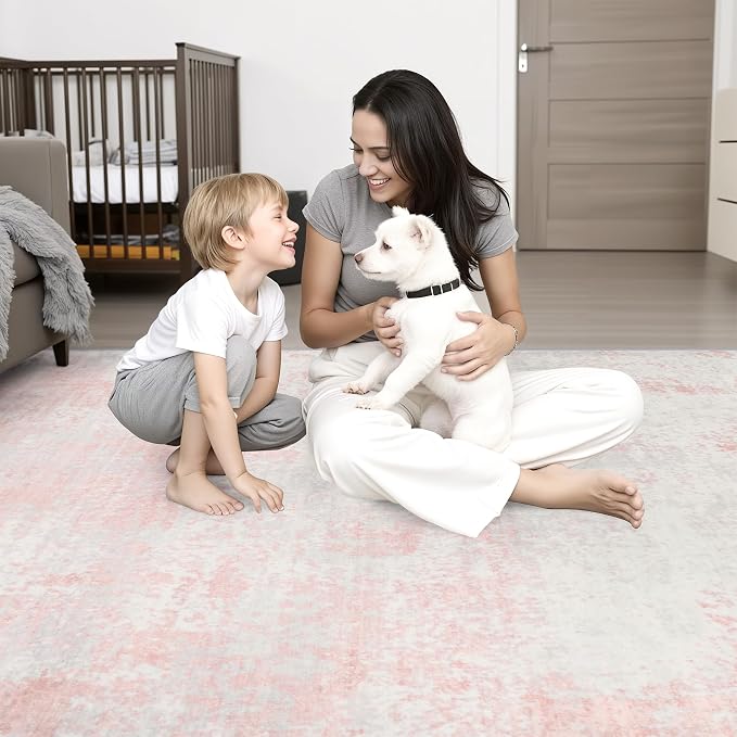 10x14 Area Rug Living Room: Modern Washable Soft Carpet Pink White | - Image 9