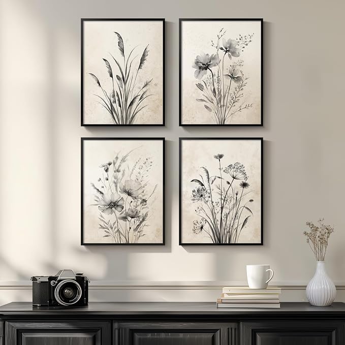 Framed Vintage Rustic Farmhouse Botanical Floral Wall Art, 4 Piece 11x14 In | by Cuspin
