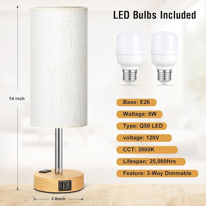 Small Touch Table Lamps Set of 2-3-Way Dimmable, USB A + C Charging, AC Outlet - Image 4