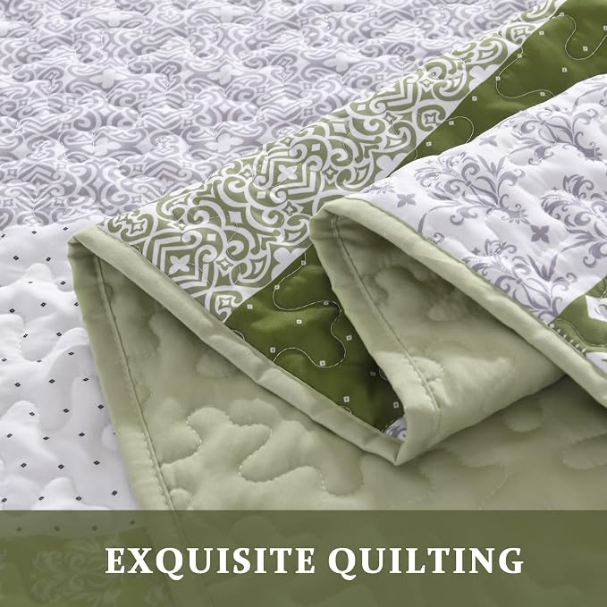 WONGS BEDDING Quilt Queen Size Olive Green, Bohemian Stripe Bedspread | 3 - Image 8