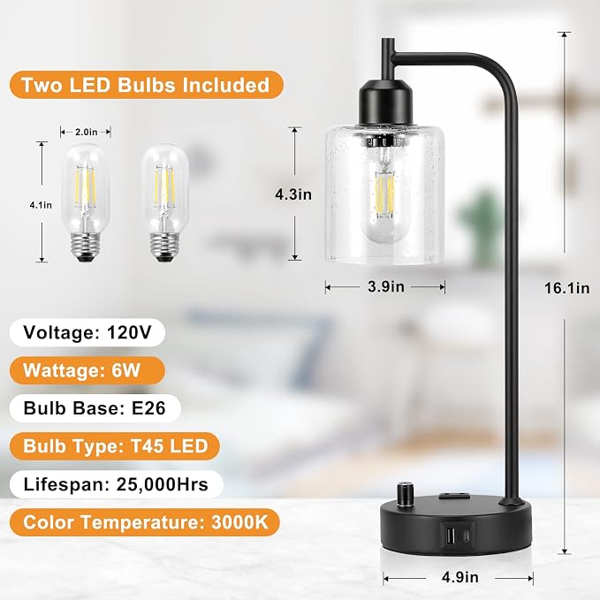 Industrial Bedside Lamps Set of 2, Fully Dimmable Desk Lamps - Image 2