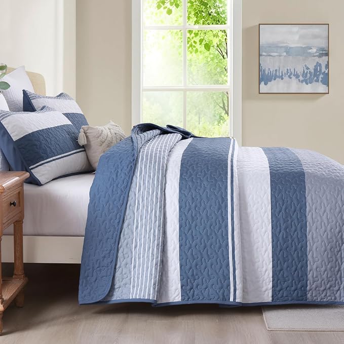 Dinjoy Queen Boho Striped Quilt Set, Mineral Blue Lightweight Bedspread | Soft - Image 3