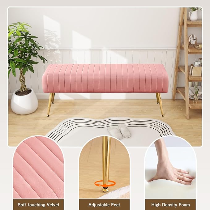 Furnimart 44 Inch Pink Velvet Ottoman Bench, Modern Upholstered Bedroom Benches - Image 6
