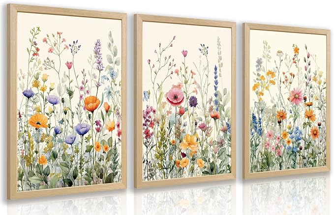 LLEEMPI Colorful Floral Wall Art Set of 3, 12x16 Wood Framed Canvas Prints | by Unknown