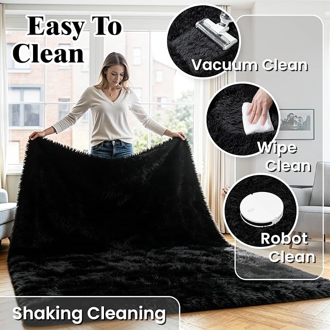 4x6 Fluffy Area Rug for Living Room: Soft Non-Slip Black Bedroom Carpet | Ultra - Image 6