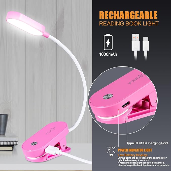 VAVOFO Rechargeable Book Light, 14 LEDs Eye Care Clip On Amber Reading Light - Image 4