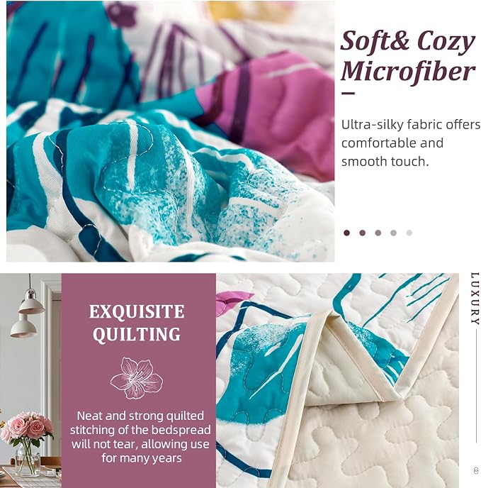 DJY Romantic Pink Teal Quilt Set King Size, 3 Pieces Colourful Floral Bedspread - Image 6